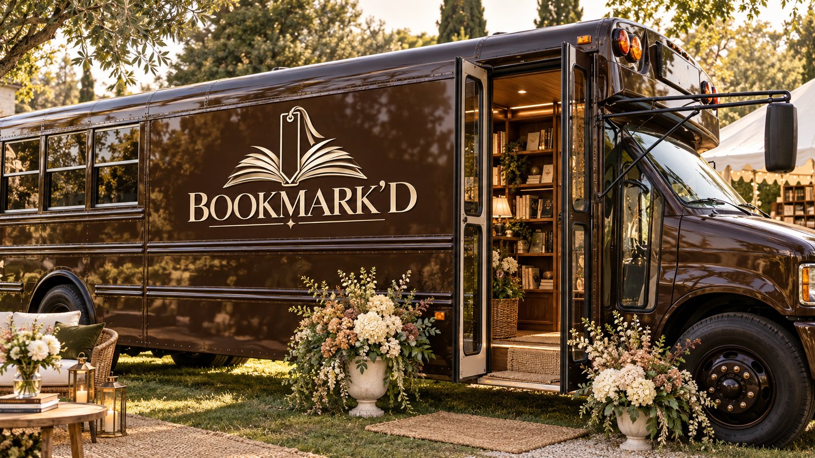 Concept rendering of a BOOKMARK’D book bus at a garden event