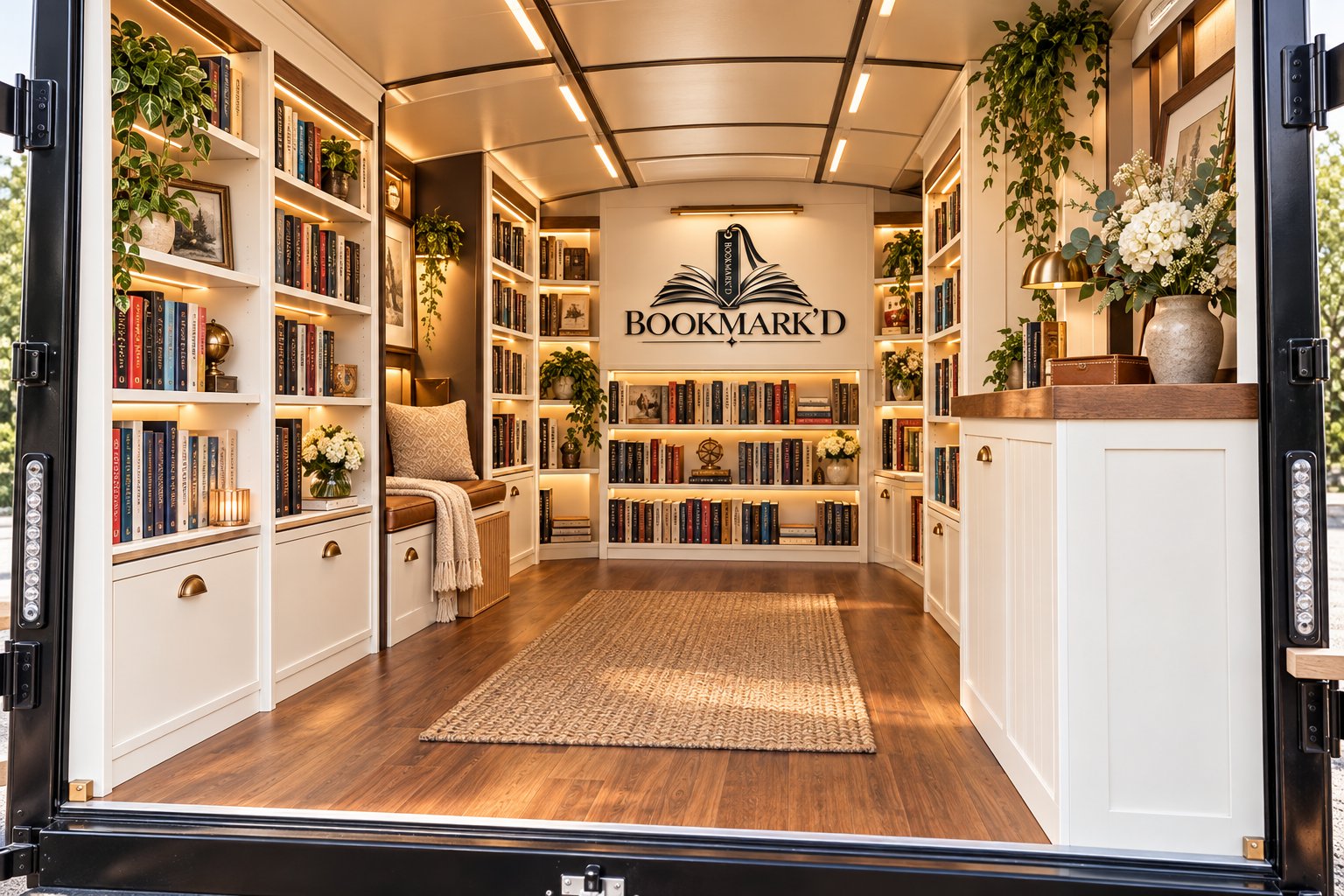 Concept rendering of a warm, flower-filled BOOKMARK’D book trailer interior